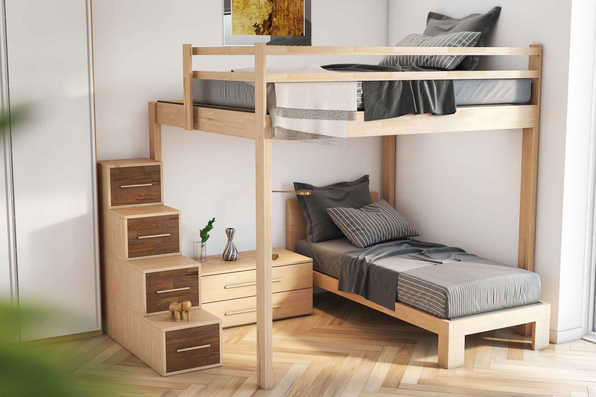 Schlafzimmer mit Hochbett und 2. Bett - Platzsparende Ideen