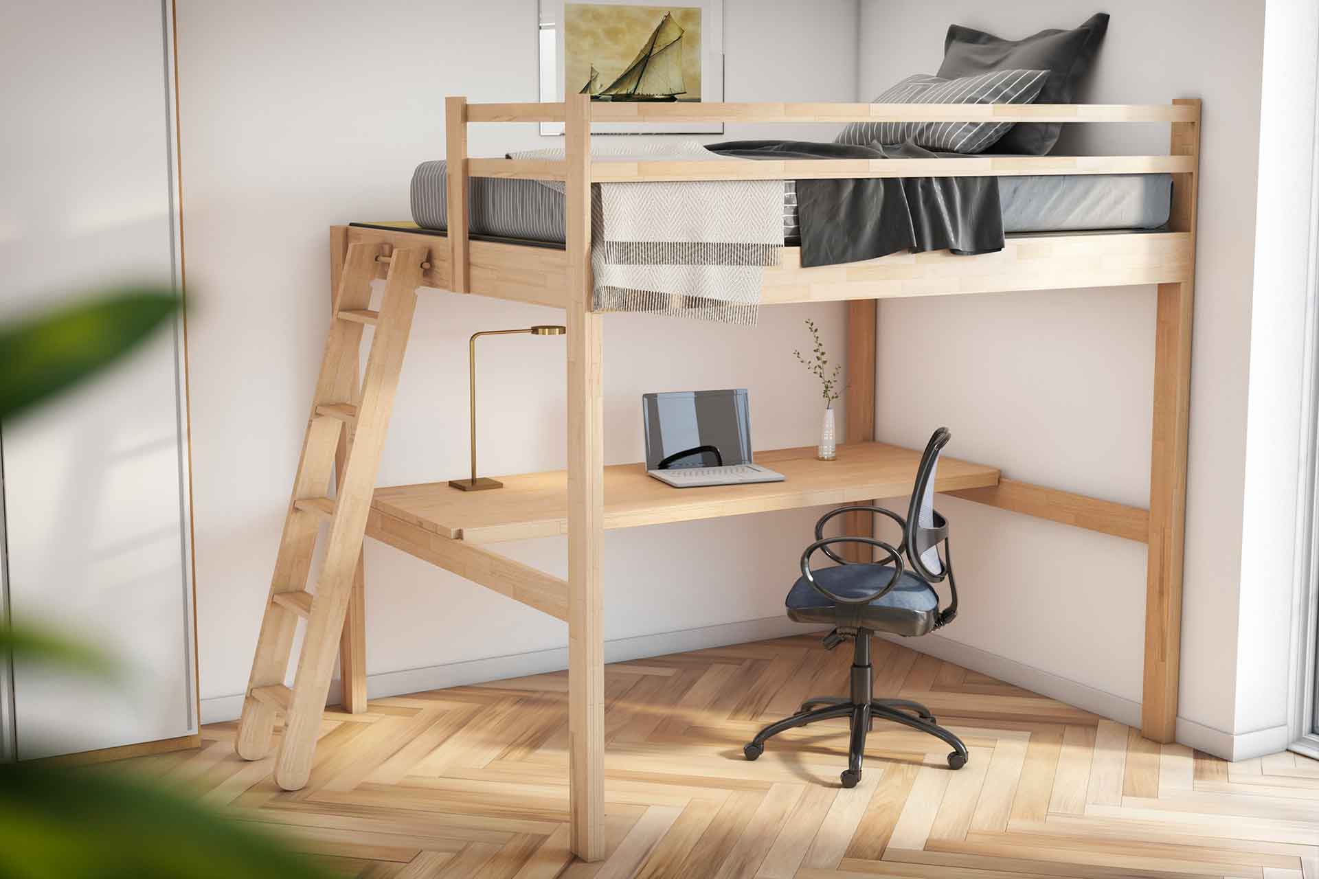 Schlafzimmer mit Hochbett und Schreibtisch - Platzsparende Ideen