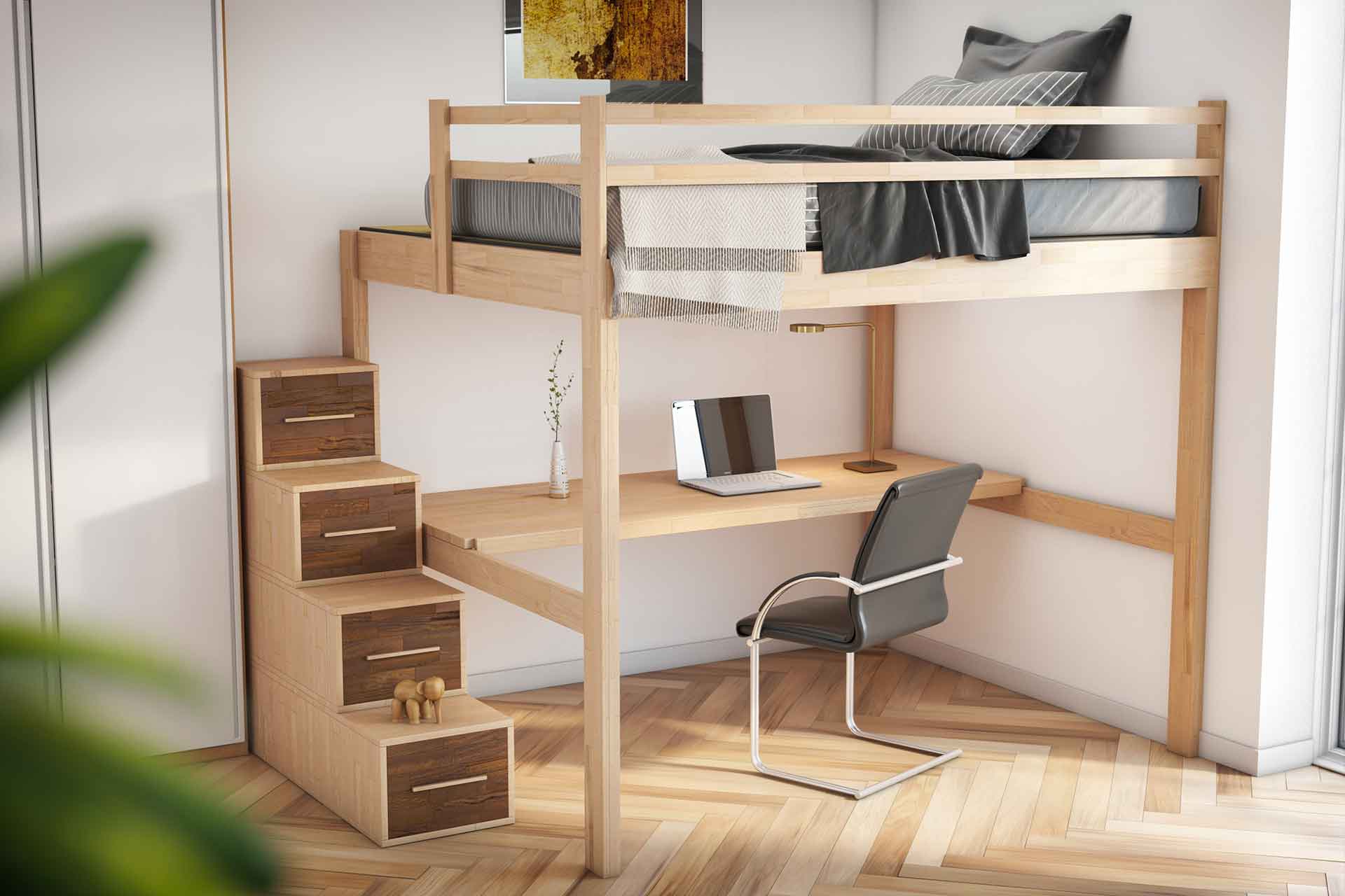 Schlafzimmer mit Hochbett und Schreibtisch - Platzsparende Ideen