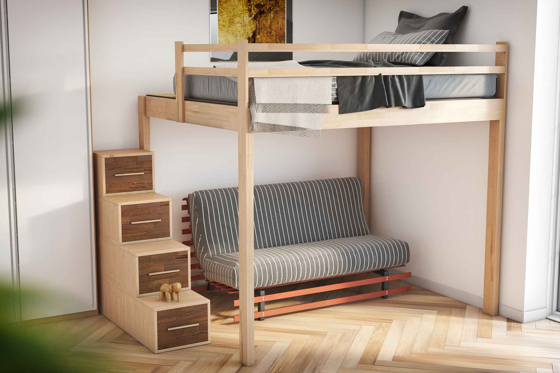 Schlafzimmer mit Hochbett und Sofa - Platzsparende Ideen