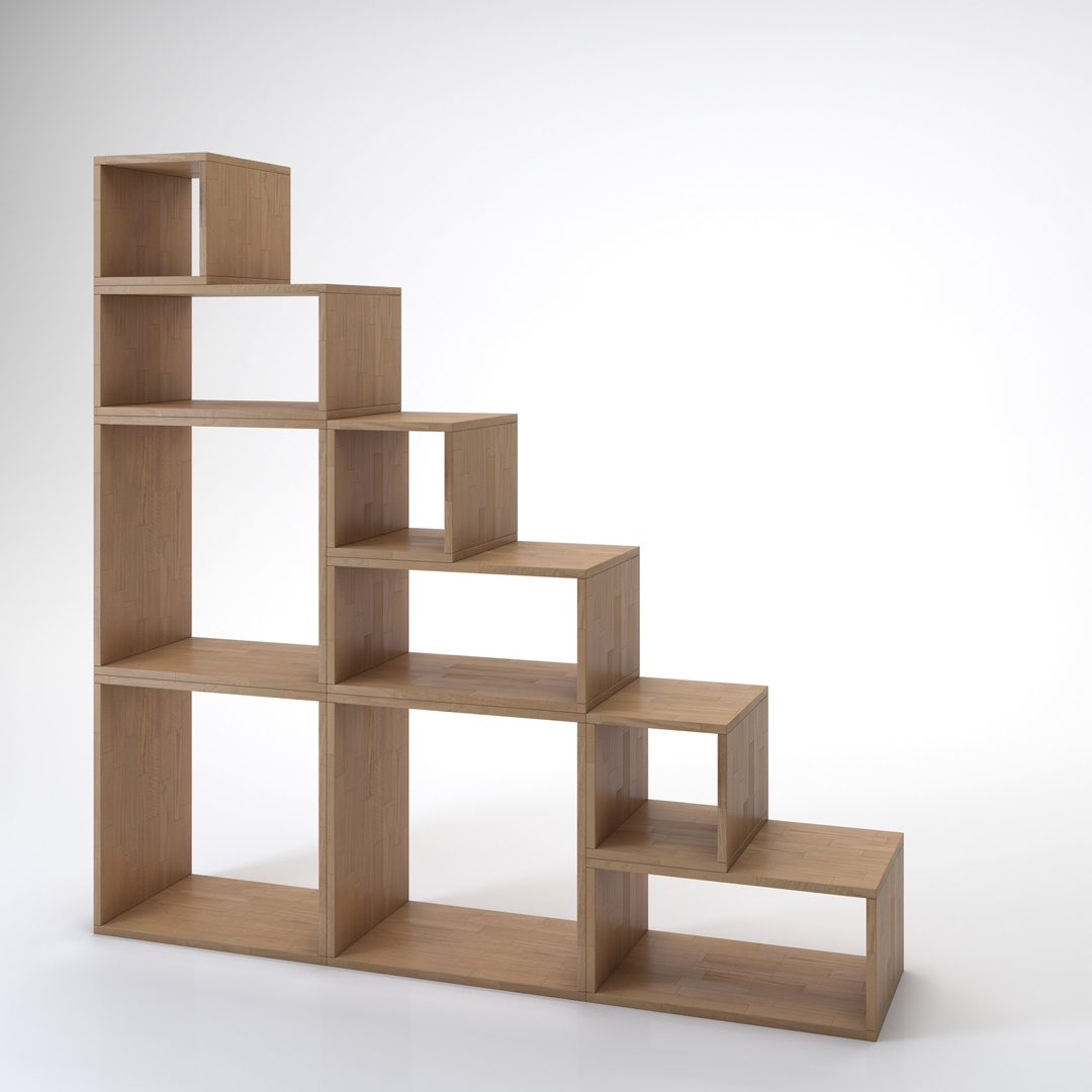 Yen staircase. Bookcase and staircase in solid beech wood Cinius. Model with six steps