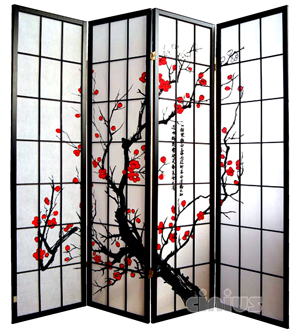 Paravento giapponese Cinius in legno colore nero a rettangoli grandi e fantasia floreale.