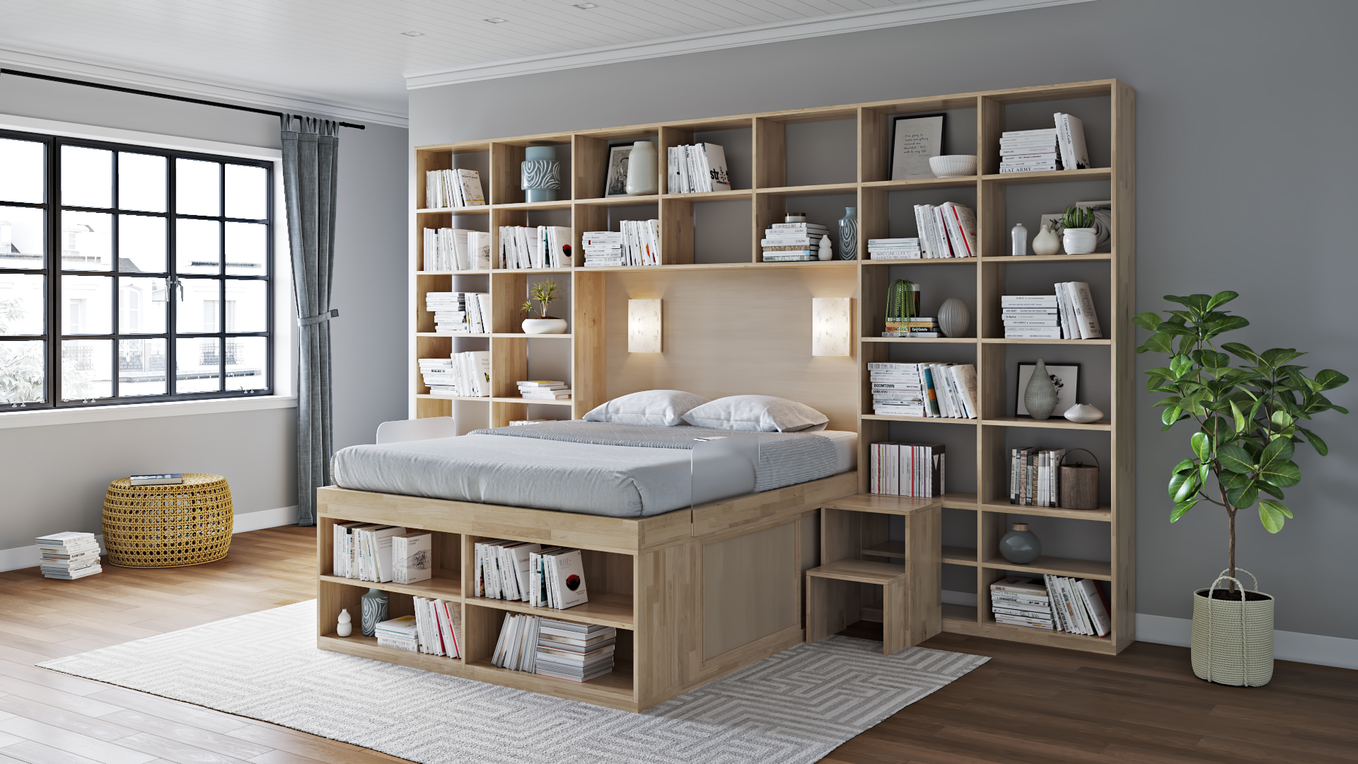 Space-saving bed in beechwood, Bookcase SpazioBed is ideal for those who love being surrounded by books: Bookcase SpazioBed is a bookcase by itself, while it is possible to use the inside of the bed as a storage compartment
