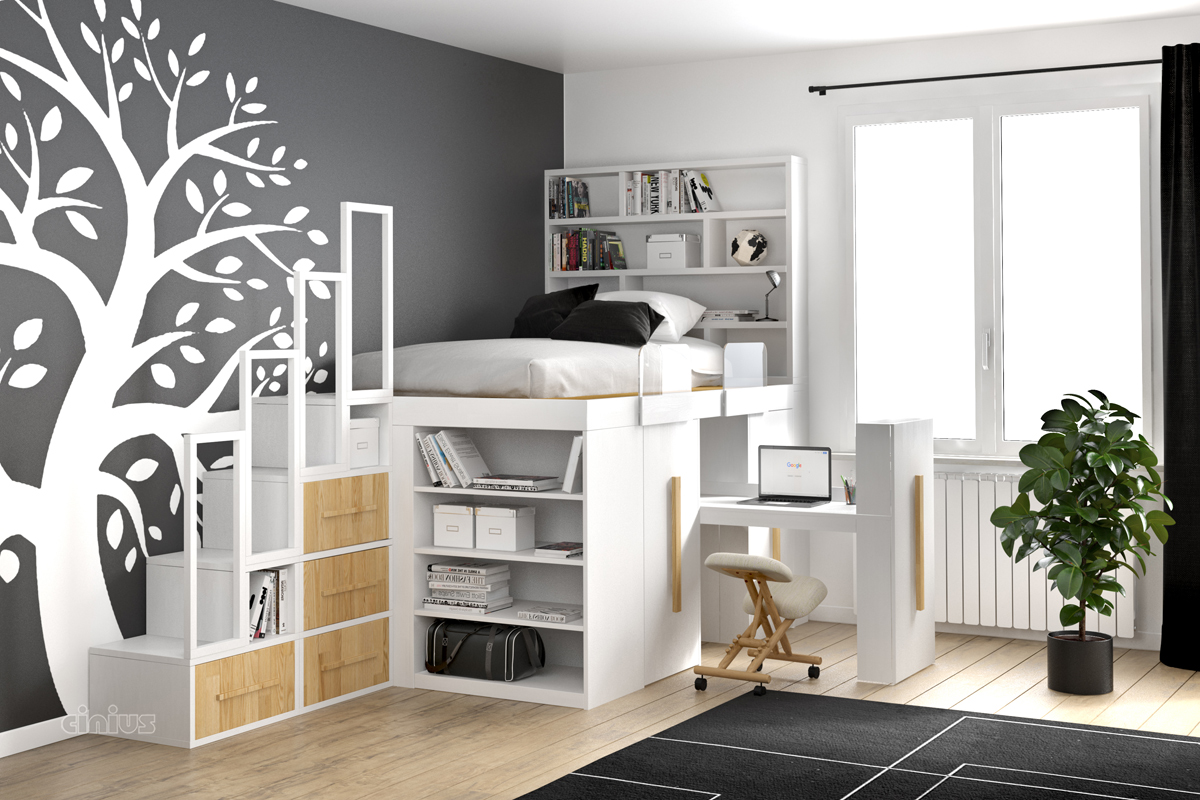 SpazioBed - Young SpazioBed with Desk Trolley - with 2 wardrobe pull-out trolleys and 1 pull-out desk trolley. White finished natural wood color