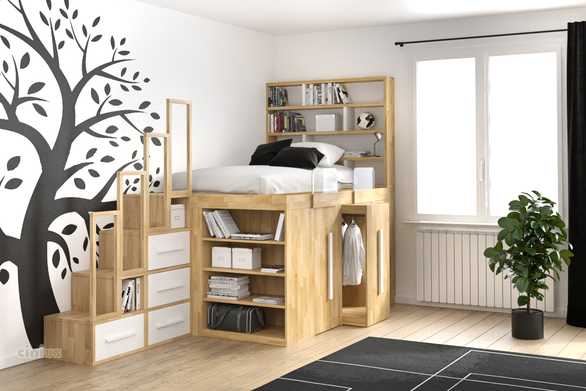 SpazioBed - Young SpazioBed with 3 wardrobe pull-out trolleys and frontal bookcase. White finished natural wood color
