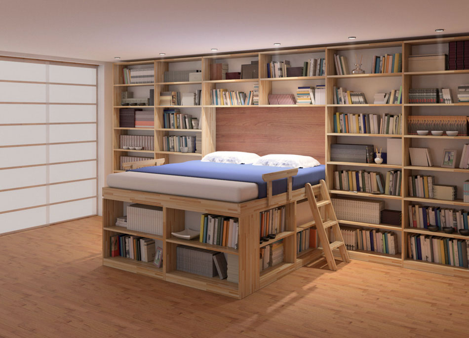 Moderna camera da letto con libreria con scaffali e letto ...