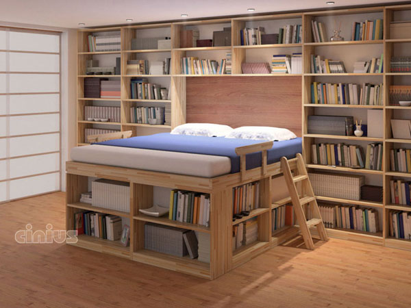 Moderna camera da letto con libreria con scaffali e letto Biblioteca di Cinius