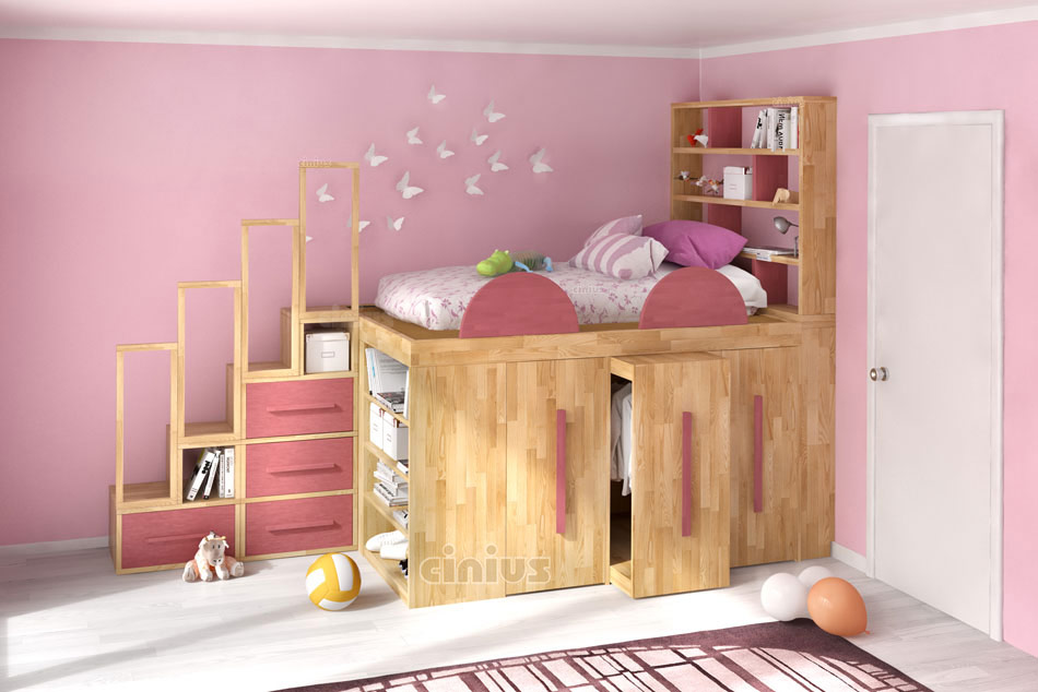 Chambre pour les filles avec lit SpazioBed-Young avec bibliothèque-escalier et tiroirs
