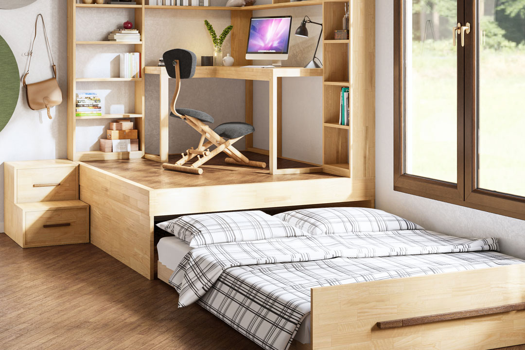 Camere e camerette per ragazzi - SpazioBed-Studio Letto. Soluzione con letto estraibile sotto la base dell'ufficio