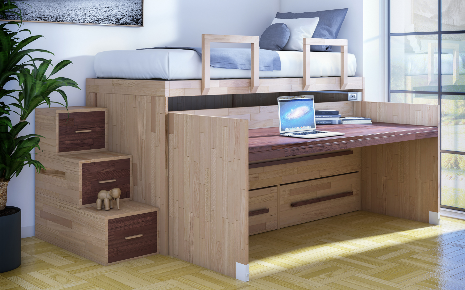 SPAZIOBED_ Lit Gain de Place: Deux lits, un bureau et deux tiroirs